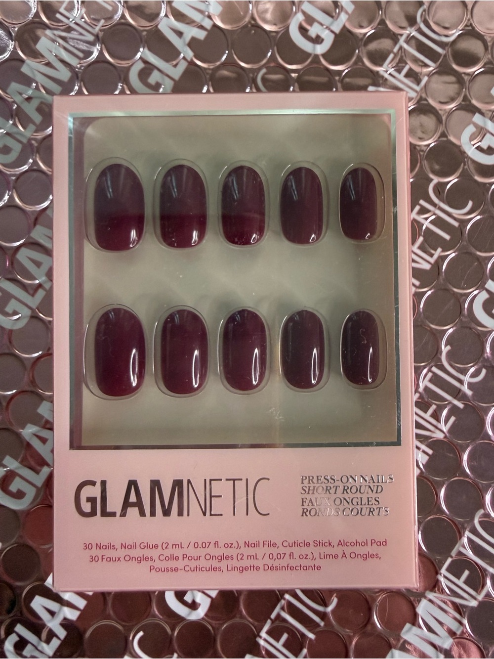 GLAMNETIC Short Round Press-On Nails in Deep Wine (30 Nails)